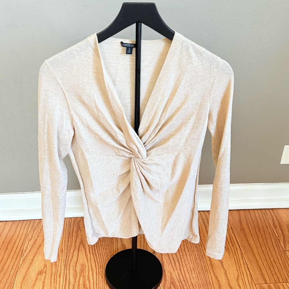 Lafayette 148 Size Gold Cotton V Neck Knot Long Golden Sleeve Shimmer Top SZ M